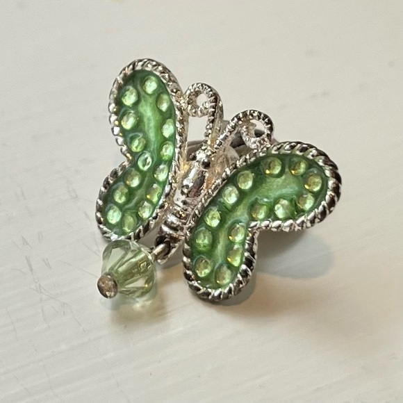Sparkly Butterfly Pin Green Dangling Bead and Green Faux Stone Ring 7/8” x 7/8” - Picture 2 of 5